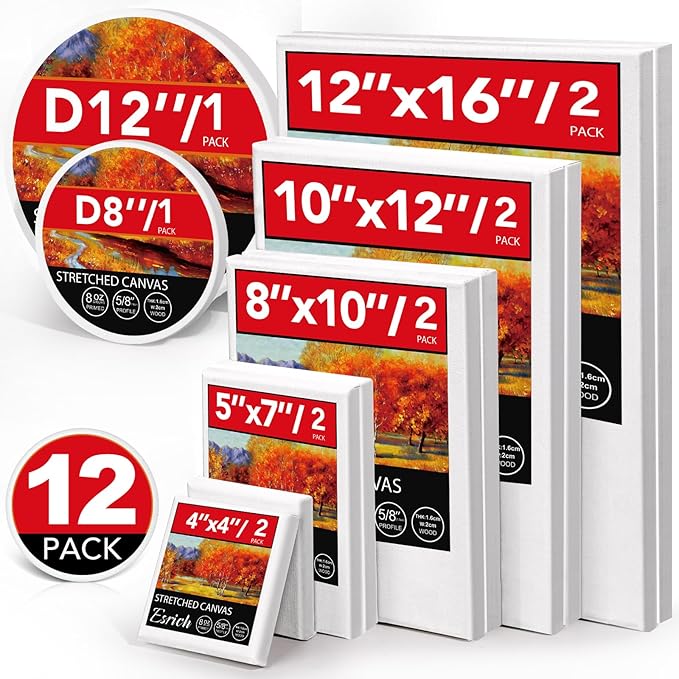 ESRICH 12 Pack Stretched Canvas for Painting, 4x4, 5x7, 8x10, 10x12, 12x16(2 of Each) Canvas and Round Canvas with 8x8, 12x12(1 of Each), Blank Canvases Primed Paint Canvas for Beginners, Artists.