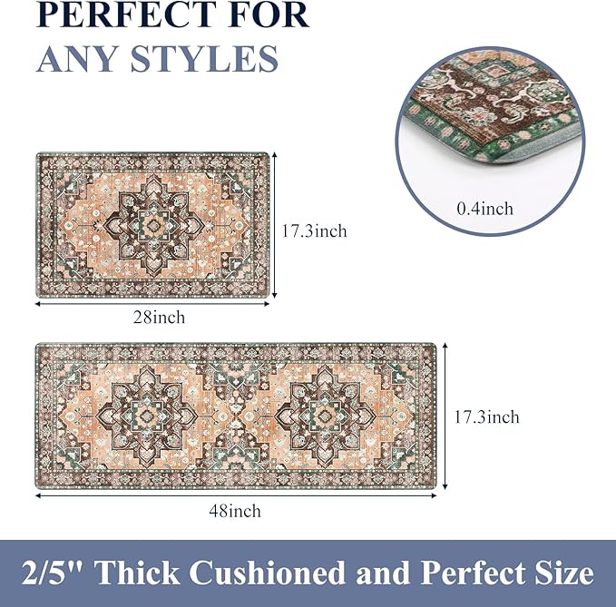 HEBE Anti Fatigue Kitchen Rug Sets 2 Piece Non Slip Kitchen Mats for Floor Cushioned Kitchen Rugs and Mats Waterproof Comfort Standing Mat Runner for Kitchen,Home Office,Sink,Laundry