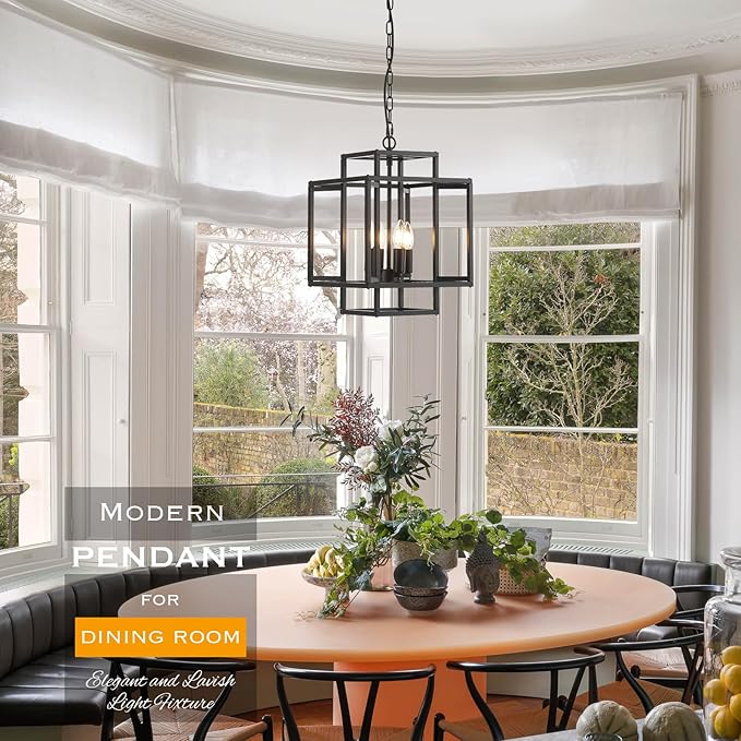 4-Light Black Chandelier,Semi Flush Light Fixture for Farmhouse with Metal Cage,E12 Bulb Socket and Adjustable Height for Dining Room,Kitchen Island,Living Room,Staircase, Entryway and indoor