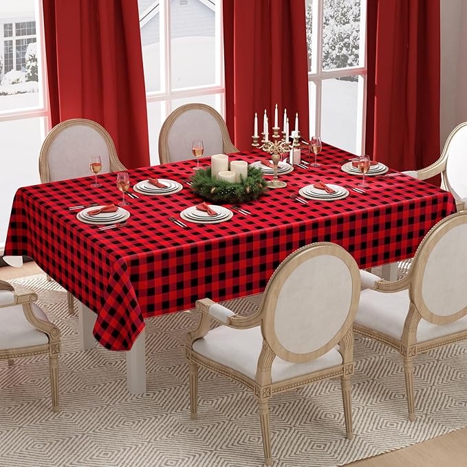 misaya Rectangle Christmas Waterproof Vinyl Table Cloth, Buffalo Flannel Backed Tablecloth, Wipeable Plastic Table Cover for Dinner, Kitchen, Picnic (60" x 102", Red and Black)