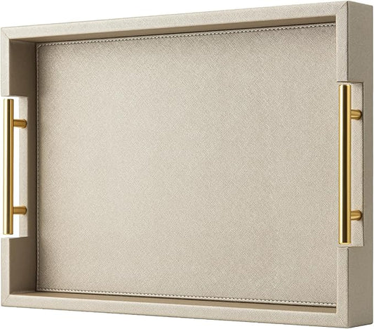 Champagne Faux Leather Serving Tray with Handles,20x14 inches, Large Decorative Tray for Ottoman Coffee Table Decor Living Room, Kitchen, Bathroom
