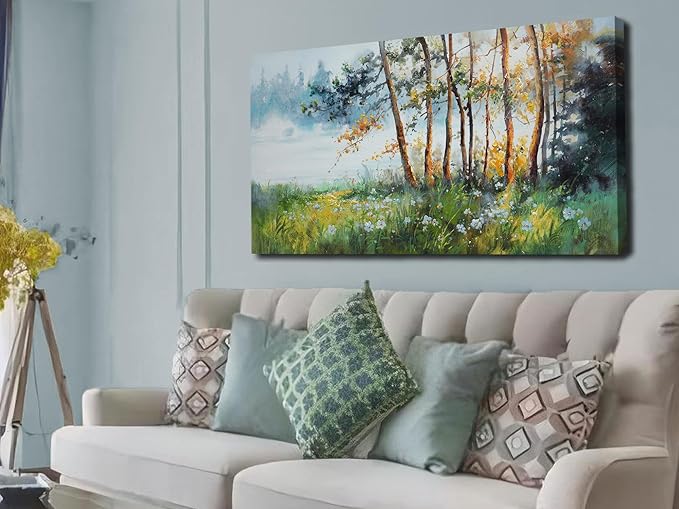 Ardemy Tree Wall Art Canvas for Living Room Landscape Textured Green Forest Painting Nature Flower Picture Bedroom Teal Scenery Artwork Framed Kitchen Home Office Wall Decor, Extra Large 58"x29"