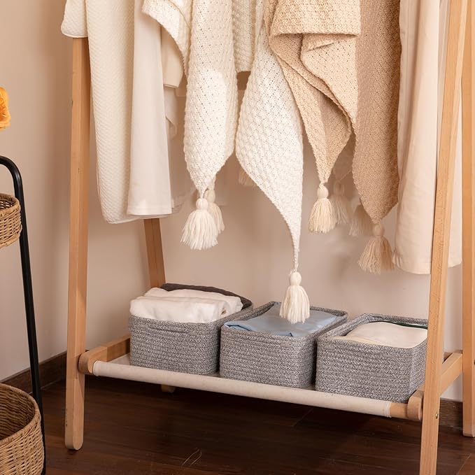 3 Pack Small Storage Baskets for Organizing, Cute Woven Decorative Gift Baskets for Shelves, Mini Closet Organizer Bins with Handles, 11.81''Lx7.87''Wx4.72''H-Grey