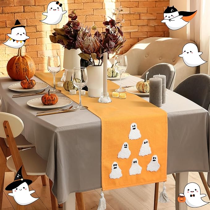 Breling Halloween Ghost Table Runner Jacquard Cute Ghost Halloween Dinner Table Runner Fall Autumn Kitchen Dining Decoration for Kitchen Farmhouse Holiday Party Home Decor 13x72 Inch(Orange)