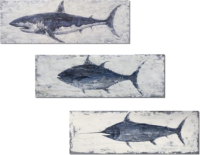 NdcSkyArt Vintage Style Swordfish Wall Art, Nautical Decor for Home & Office, Blue and White Coastal Painting