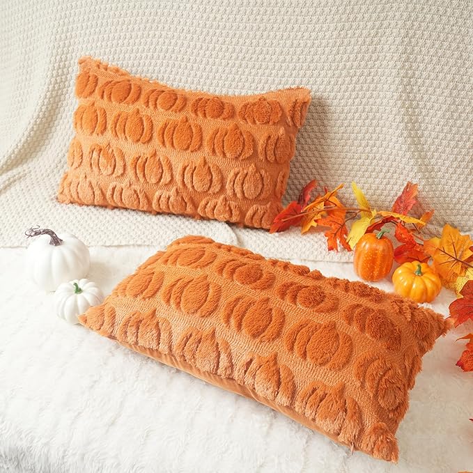 GEEORY Fall Pumpkins Soft Plush Pillow Covers, 12 x 20 Inch Set of 2, Fluffy Faux Fur Wool Decorative Farmhouse Cushion Case for Sofa Home Decoration Orange GC018-12