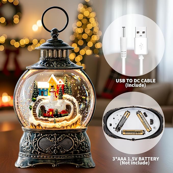 Christmas Village Snow Globe Lantern – LED Musical Swirling Glitter Water Globe, Snowy Village with Train, Battery or USB Powered, Auto Timer – Tabletop Decor & Gift