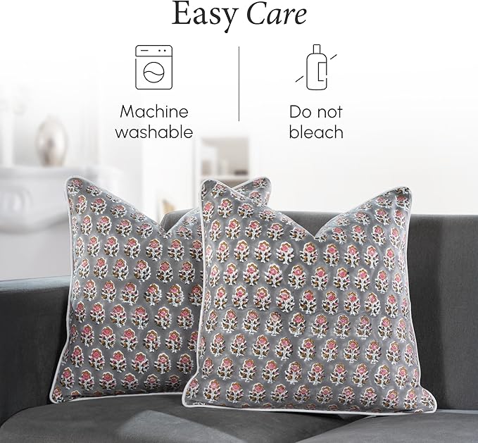 CPC 100% Cotton Throw Pillow Covers 18x18 Inch, Set of 2 Gray Block Print Pattern Couch Pillow, Cute Boho Decorative Pillows for Living Room, Bedroom with Hidden Zipper- Labra Gray