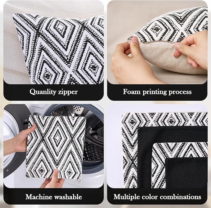 HPUK Decorative Throw Pillow Covers Set of 4 Geometric Design Linen Cushion Cover for Couch Sofa Living Room, 18"x18" inches, Black