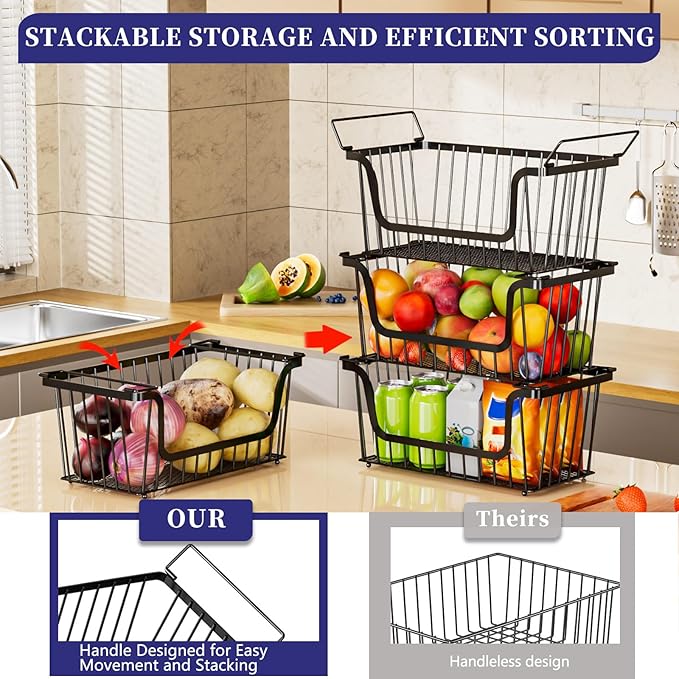 Enhanced Leak-Proof Bottom Stackable Wire Baskets, 6 Pack Pantry Organizers and Storage, pantry storage，Shelf Baskets, Fruit Basket, Potato and Onion Storage Bins，(Black)