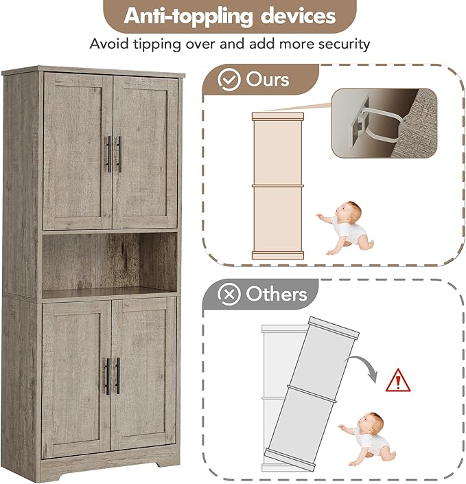 GarveeHome 70 Inch Tall Kitchen Pantry Cabinet, Freestanding Storage Cabinet with 4 Doors and Adjustable Shelves, Utility Hutch Cupboard for Dining Room, Bathroom, Living Room (Style B, Gray)