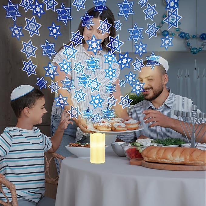 Hanukkah Flameless Candle Chanukah Decoration Projector Light Blue LED Candle Battery Operated Night Light with Remote and Timer Wedding Table Decor Hanukkah Birthday Jewish Chanukah Party