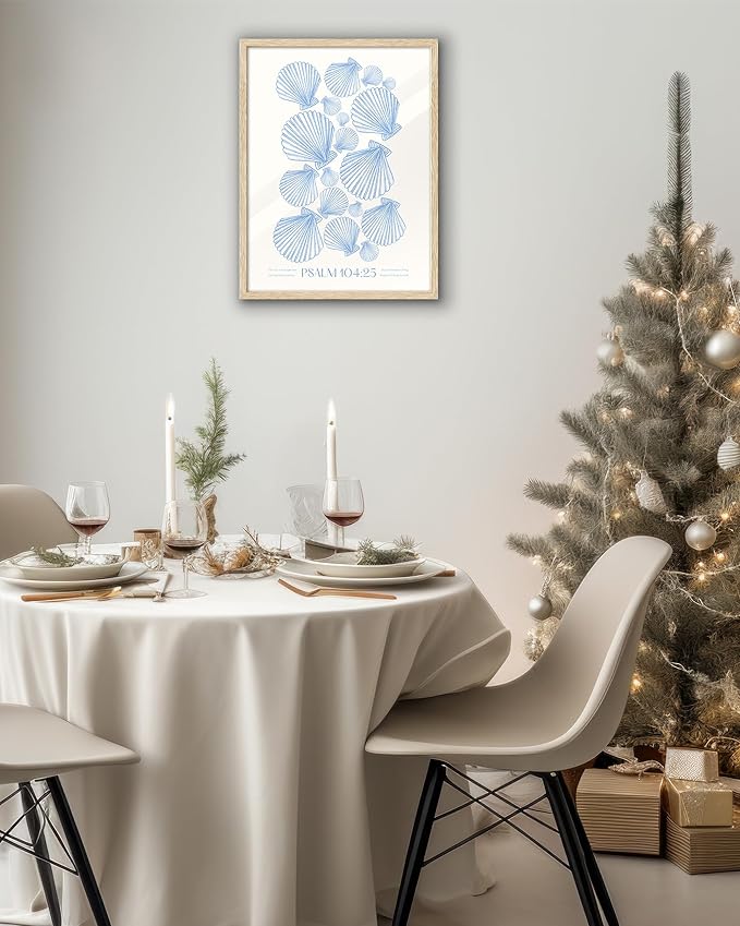 EcoHest Christian Bible Verse Framed Wall Art, 12x16 in OAK Wood Trendy Seashell Nautical Scripture Quote Canvas Wall Art, Psalm 104:25 Home Decor, Beige Logs Set of 1 for Bedroom Living Room