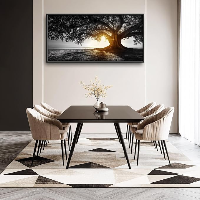 Olivine Tree Wall Art, Sunset Pictures Wall Decor, Black And White Painting, Nature Scenery Canvas Prints, Framed Artwork for Bathroom Bedroom Living Room Office Home Decoration 60"x30"