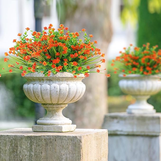 Sggvecsy Artificial Fall Flowers for Outdoors 12 Bundles UV Resistant Boxwood Shrubs Fake Plants for Autumn Harvest Thanksgiving Farmhouse Garden Home Indoor Outdoor Decoration(Orange)