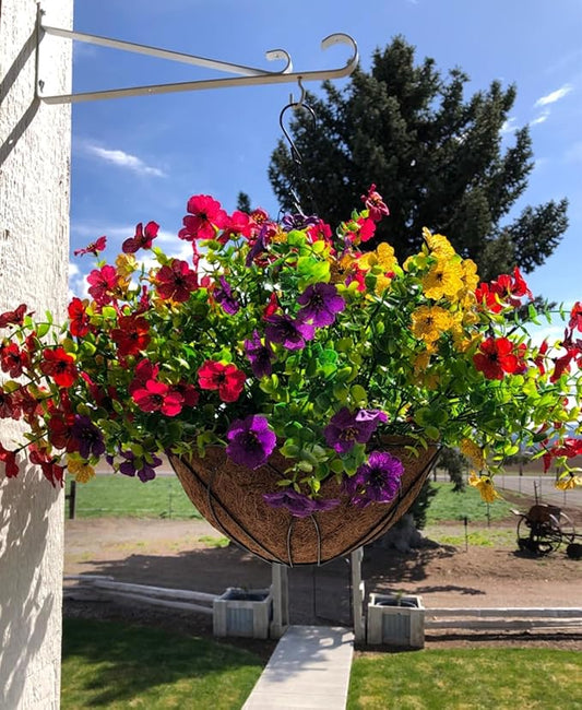 Artificial Faux Hanging Plants Flowers Basket for Summer Autumn, Colorful Daisy Flowers Eucalyptus UV Resistant Look Real for Outdoor Outside Porch Decoration