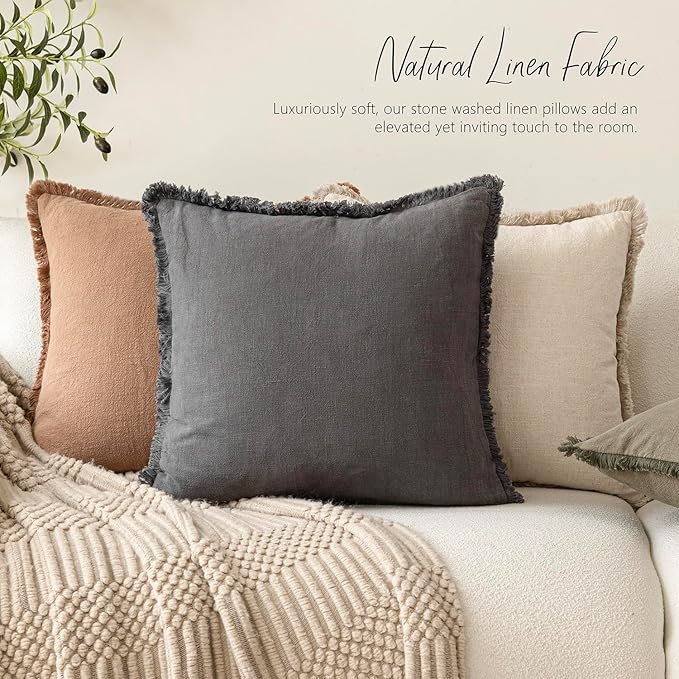 Foindtower Set of 2 Decorative Linen Fringe Throw Pillow Covers Cozy Boho Farmhouse Cushion Cover with Tassels Soft Accent Pillowcase for Couch Sofa Bed Living Room Home Decor, 16×16 Inch, Gray