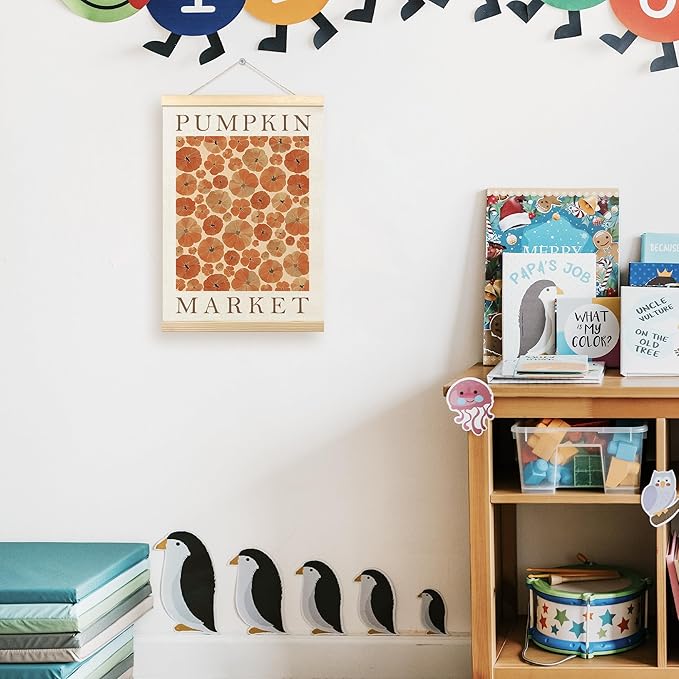 TLESKE Fall Pumpkin Market Poster Hanger Frame, Autumn Pumpkin Flowers Hanging Wall Art Room Decor for Bedroom Living Room, Aesthetic Floral Pumpkin Wall Banner Prints Pictures Artwork, 12x16