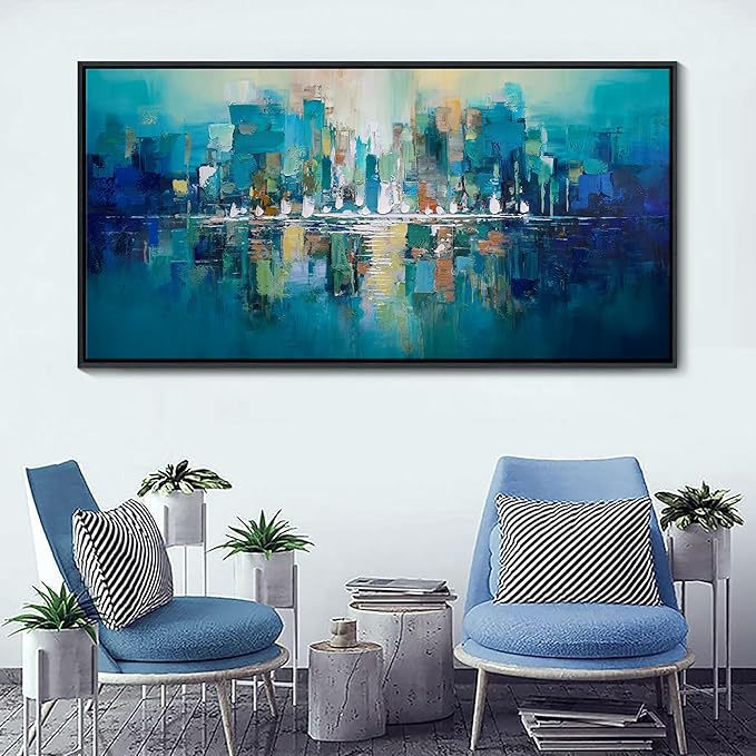Large Wall Art for Living Room - Abstract Wall Decor Framed Picture Artwork for Wall Decorative Paintings Teal and White Modern Office Bedroom Art