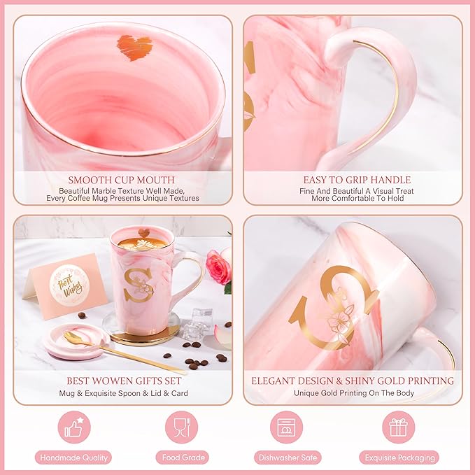Personalized Marble Ceramic Mug Gifts for Women, 14 Oz Pink Initial Customized Gift Coffee Mug with Lid, Birthday Christmas Mother's Day Gifts for Her Wife Mom Grandma Friend Sister Unique,S