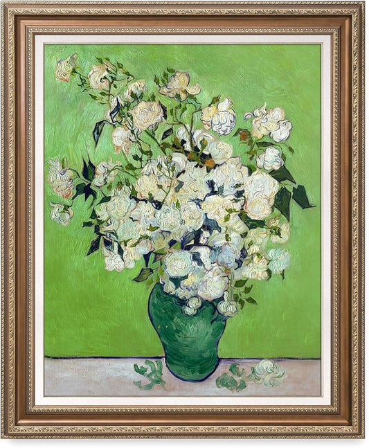 DECORARTS - Pink Roses in a Vase, Vincent Van Gogh Art Reproduction. Acid Free Cotton Canvas Giclee Print w/Bronze Frame&Mat for Wall Decor.