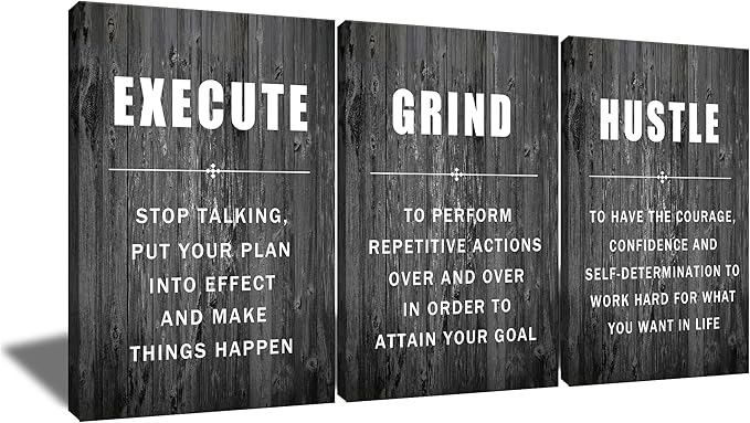 Motivational Wall Art Execute Grind Hustle Inspirational Poster 3 Pieces Canvas Prints Artwork for Living Room Modern Home Decor Painting Pictures Stretched and Framed Ready to Hang [48''Wx 24''H]