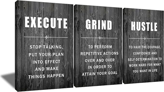 Motivational Wall Art Execute Grind Hustle Inspirational Poster 3 Pieces Canvas Prints Artwork for Living Room Modern Home Decor Painting Pictures Stretched and Framed Ready to Hang [48''Wx 24''H]