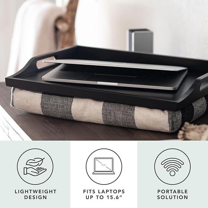 ROSSIE HOME Wood Bed Tray Lap Desk - Set of Two - with Hyacinth Storage Basket - Buffalo Check - Fits up to 15.6 Inch Laptops - Style No. 70108