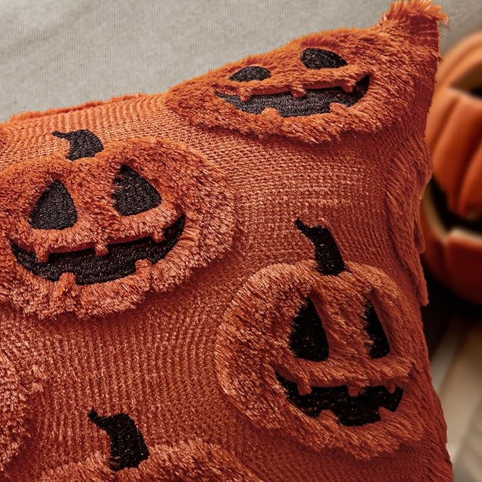 MIULEE Fall Halloween Throw Pillow Covers 20x20 Decorative Pumpkin Pattern Pillowcases Soft Plush Faux Wool Cushions for Home Patio Sofa Couch,Dark Rust