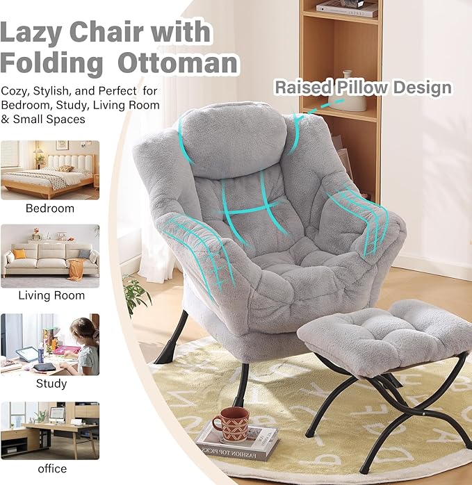 Lazy Chair with Ottoman, Modern Reading Chair with Folding Footrest, Comfortable Lounge Accent Chair for Bedroom, Study, Living Room, Courtyard (Plush Grey)