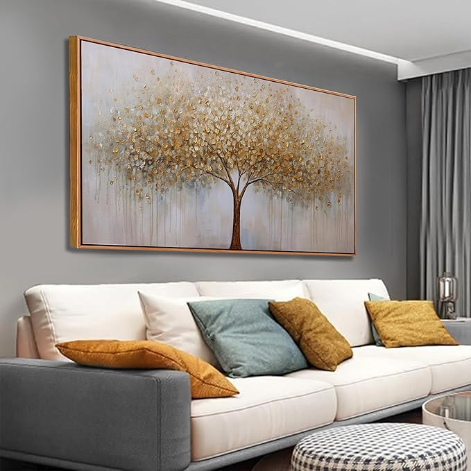 Abstract Wall Art Gold Tree of Life Framed Artwork Canvas Painting Textured Tree Pictures Wall Decor for Living Room Bedroom Dining Room Home Office Decor 20"x40" with Framed