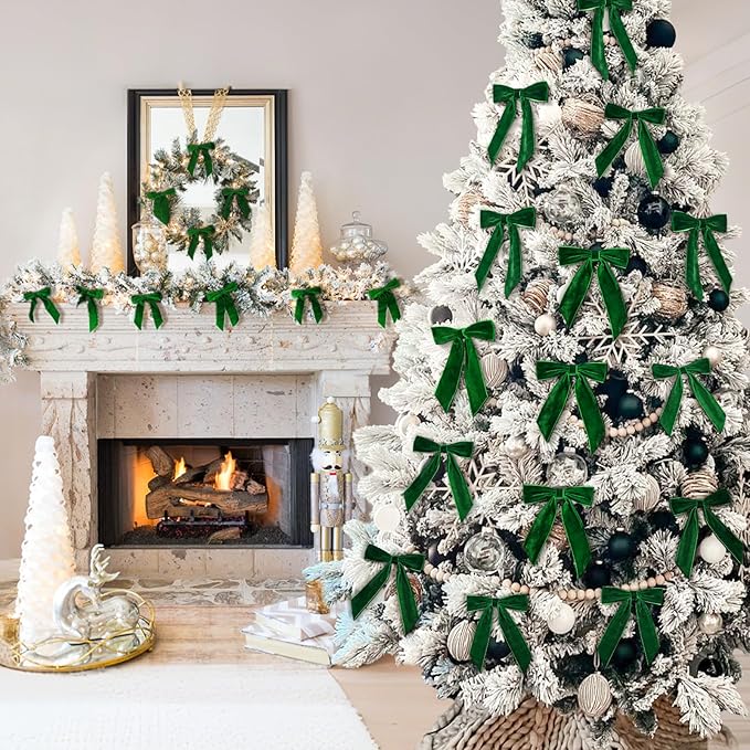Christmas Decorations - Christmas Bows - 24 Pcs 7 x 6 inch Medium Green Velvet Bows for Christmas Tree - Xmas Ribbon Ornaments - Home Decor for Wreath Garland Gift Wrapping Crafts Wedding Party