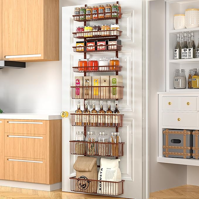 Moforoco Over The Door Pantry Organizer, Pantry Door Organizer Shelves, Kitchen Organizers and Storage, Hanging Basket Wall Spice Rack Seasoning Shelves, Laundry Room Bathroom accessories（Brown ）