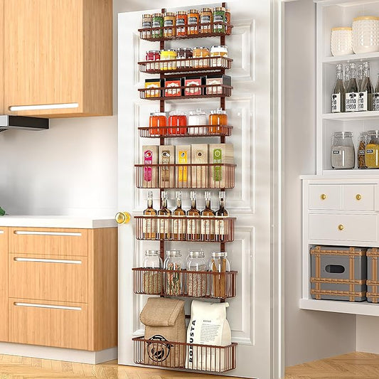 Moforoco Over The Door Pantry Organizer, Pantry Door Organizer Shelves, Kitchen Organizers and Storage, Hanging Basket Wall Spice Rack Seasoning Shelves, Laundry Room Bathroom accessories（Brown ）