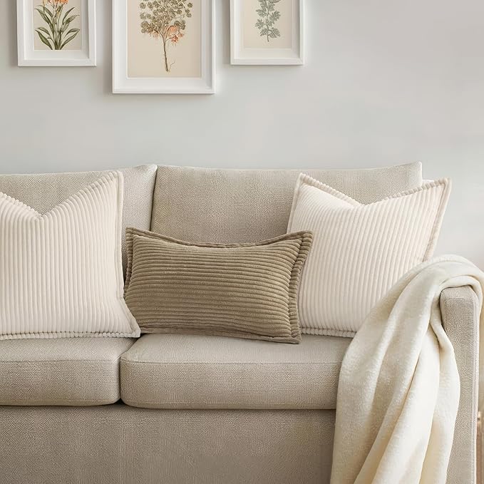 Mecatny Corduroy Throw Pillow Covers 18x18 Set of 2, Neutral Decorative Soft Boho Couch Pillow Covers with Broadside for Sofa Living Room, Cream White
