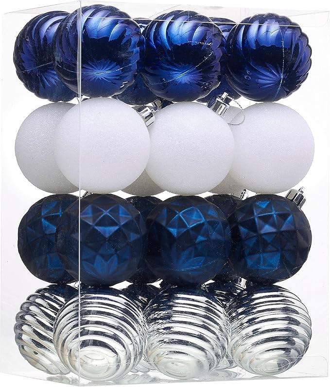 Valery Madelyn Christmas Ornaments Tree Decorations Set for Fall Halloween, 24ct Navy Blue Silver Shatterproof Ball Ornaments, 2.36" Hanging Ornament Bulk for Xmas Holiday Party Decor