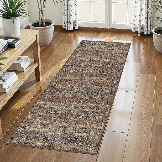 Washable Area Rug 2'6'' x 8' Vintage Traditional Persian Mat - Foldable Distressed Non-Slip Machine Washable Carpet for Living Room Bedroom Kitchen Home Decor - Umber and Slate