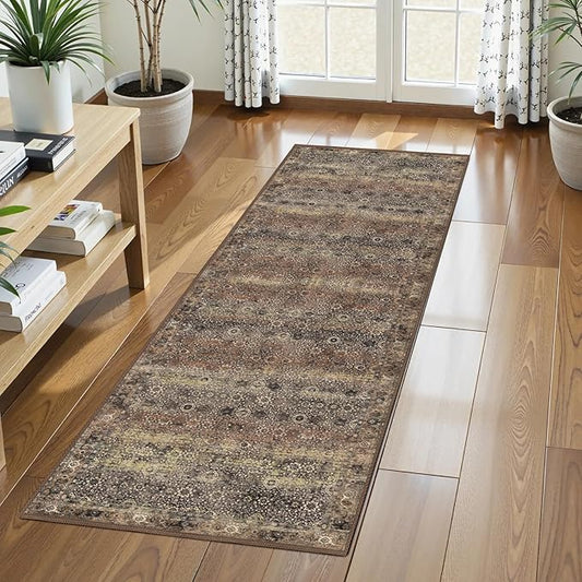 Washable Area Rug 2'6'' x 8' Vintage Traditional Persian Mat - Foldable Distressed Non-Slip Machine Washable Carpet for Living Room Bedroom Kitchen Home Decor - Umber and Slate