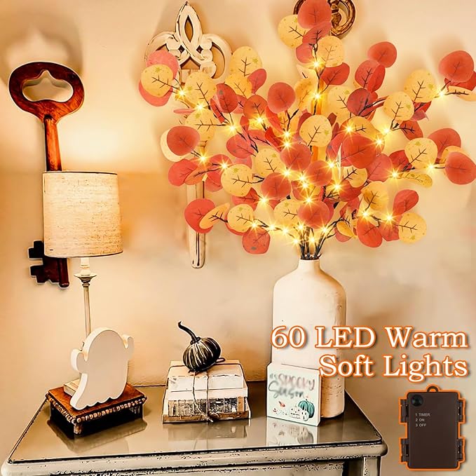 Agusbagli 30in 60LED Lighted Fall Eucalyptus Branches with Timer, Light Up Fall Eucalyptus Leaves Stems Battery Operated Lit Artificial Twig Autumn Fall Decorations for Home Wedding Party Decor