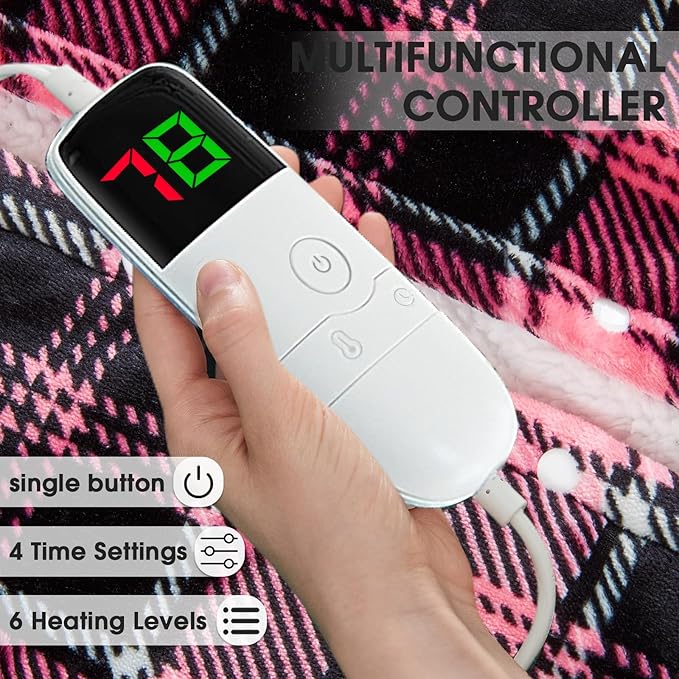 Heated Blanket Electric Throw, 50X60, Heating Throw with 10 Heating Levels & 8 Hours Auto Off, Pink Plaid Checkered Sherpa Blanket Warmer for Adults, Couch Bed Office Use, Fast Heating Washable, ETL