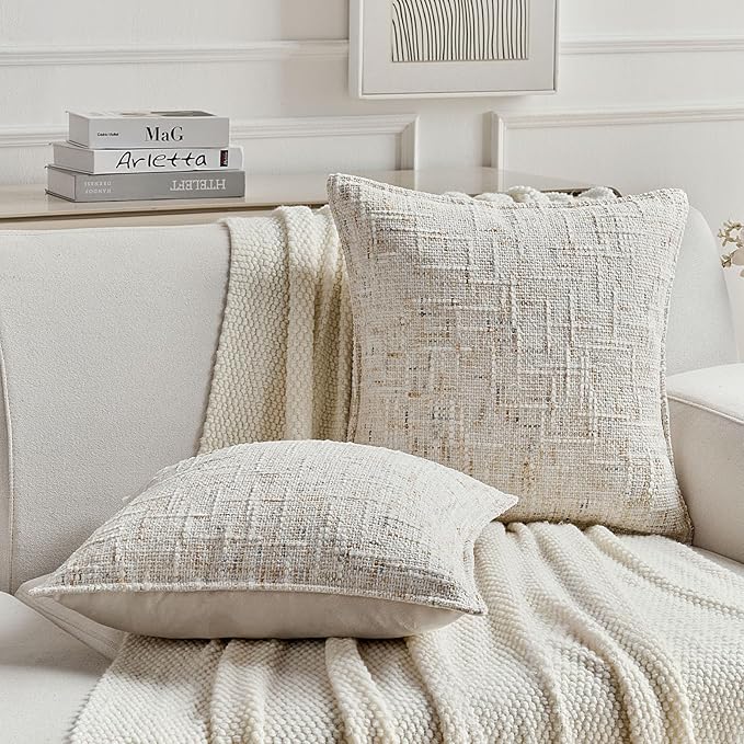 FUTEI Cream Decorative Throw Pillow Covers 20x20 Inch Set of 2,Soft Chenille Tweed Textured Cushion Case,Modern Home Decor for Couch Bed Living Room