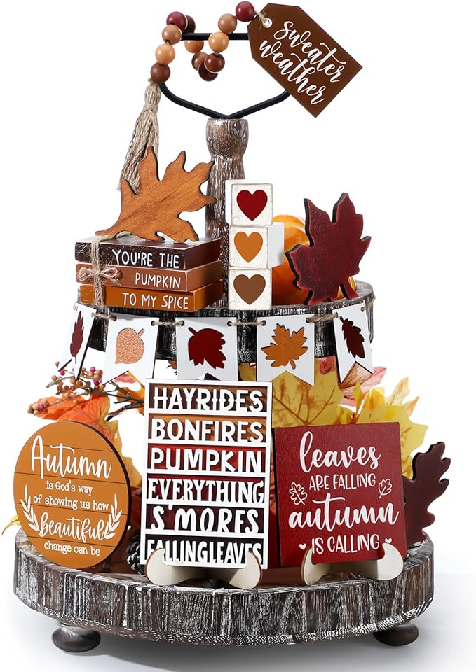 19 Pcs Retro Fall Tiered Tray Decor Autumn Farmhouse Home Decorations Set Fall Wood Tray Decor Autumn Thanksgiving Day Decorative Sign for Tabletop Kitchen Office Decorations