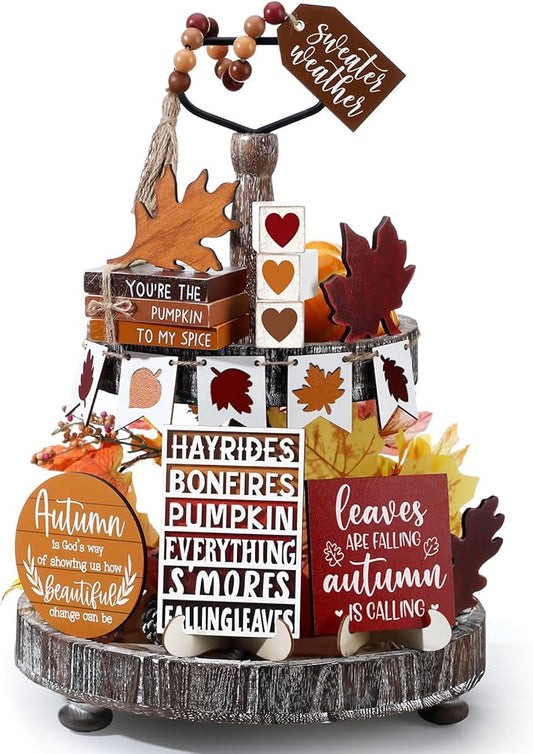 19 Pcs Retro Fall Tiered Tray Decor Autumn Farmhouse Home Decorations Set Fall Wood Tray Decor Autumn Thanksgiving Day Decorative Sign for Tabletop Kitchen Office Decorations