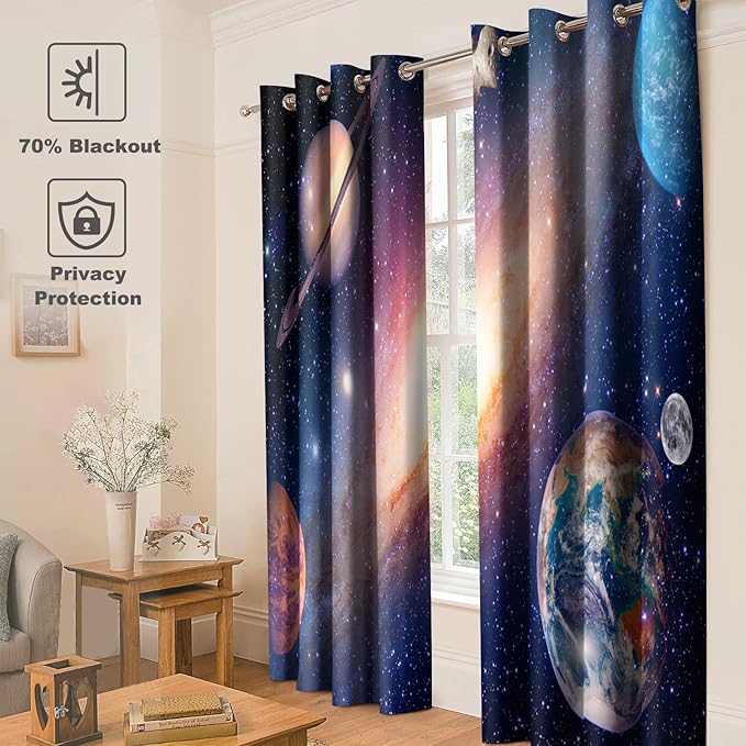 Jekeno Galaxy Planet Blackout Curtains Outer Space Universe Nebula Stars Starry Sky Decor for Kids Boys Bedroom Living Room Darkening Grommet Window Drapes 2 Panel Set, 52"x84"