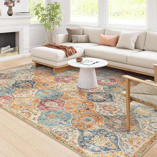 Lahome Moroccan Washable Area Rugs 8x10, 8x10 Rugs for Living Room Bedroom, Ultra-Thin Oriental Non-Slip Foldable Non Shedding Accent Large Carpet for Office Dining Room, Cream/Multi