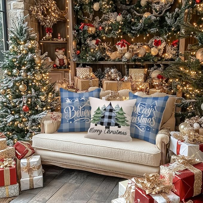 GEEORY Merry Christmas Throw Pillow Covers 20x20 Inch Set of 4, Xmas Trees Truck Blue Buffalo Plaid Believe Farmhouse Decorative Cushion Cases for Home Decoration G594-20