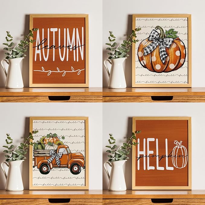 JXREQ Fall Decor Pumpkin Wall Art Hello Pumpkin Posters, Rustic Farmhouse Truck Autumn Leaves Wall Decor, Fall Art Prints for Harvest Thanksgiving Kitchen Bedroom Living Room, 8x10 Inch 4Pcs Unframed