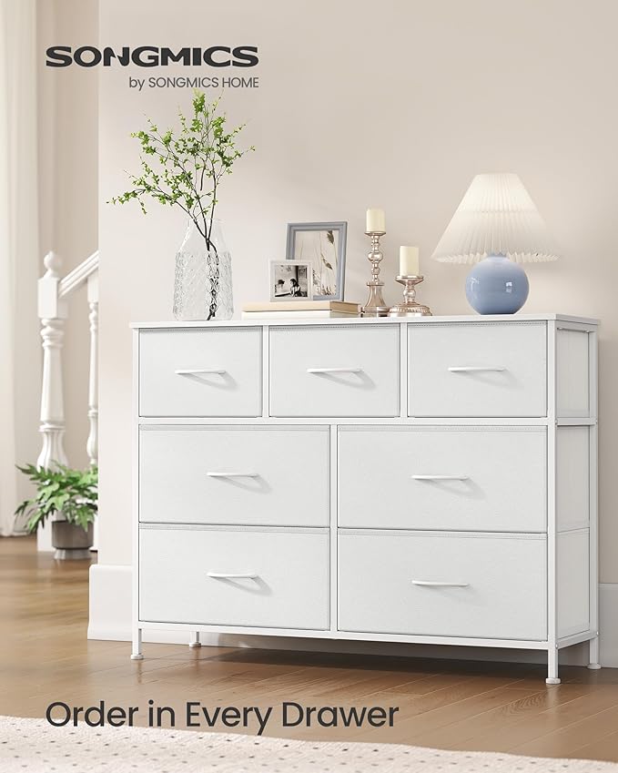 SONGMICS Dresser for Bedroom, Chest of Drawers, TV Stand, Steel, MDF, 7 Non-Woven Fabric Drawers, Storage Organizer Unit, Closet, Entryway, Cloud White and Snow White ULGS323W01S
