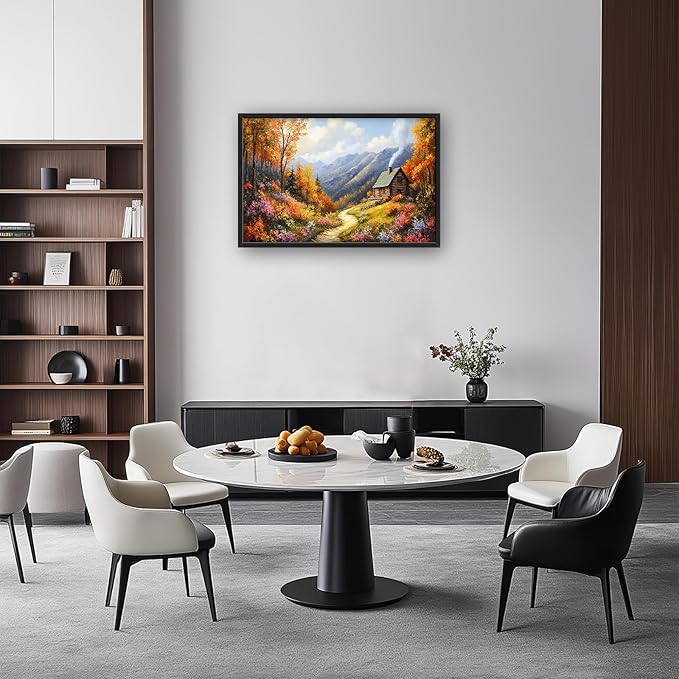 Framed Large Autumn Mountain Wall Art for Living Room, Oversized Wildflower Tree Wall Decor Nature Landscape Canvas Painting Modern Artwork Home Decoration for Living Room Bedroom 36"x24"