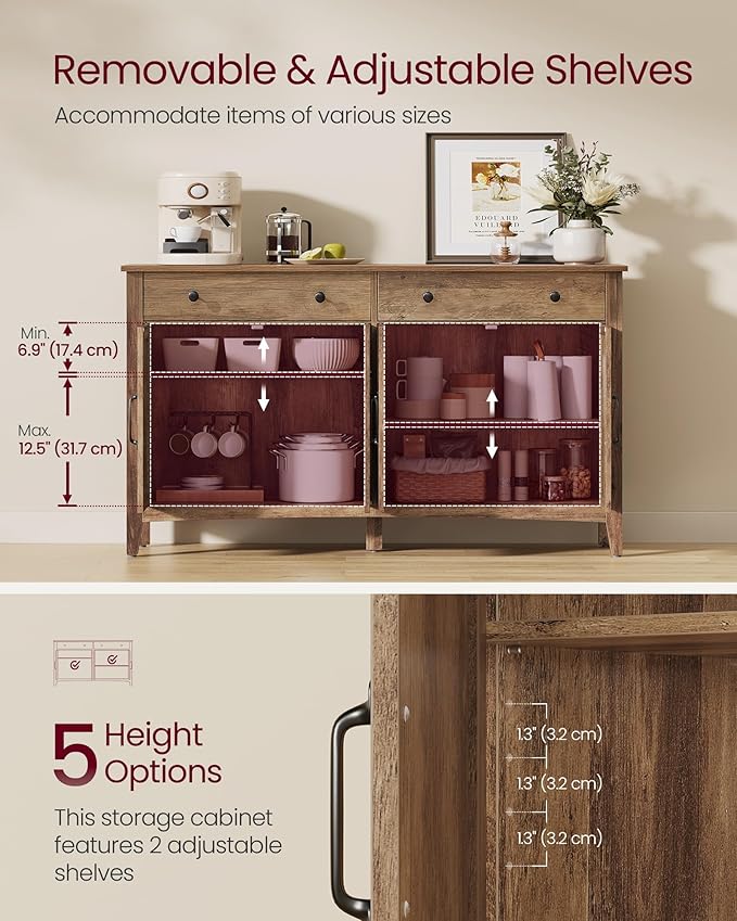 VASAGLE LIRY Collection - Buffet Cabinet, Coffee Bar Cabinet with 2 Drawers, Adjustable Shelves, Sideboard Storage with Cable Holes, Drawer Dividers, Honey Brown UBBK381K01